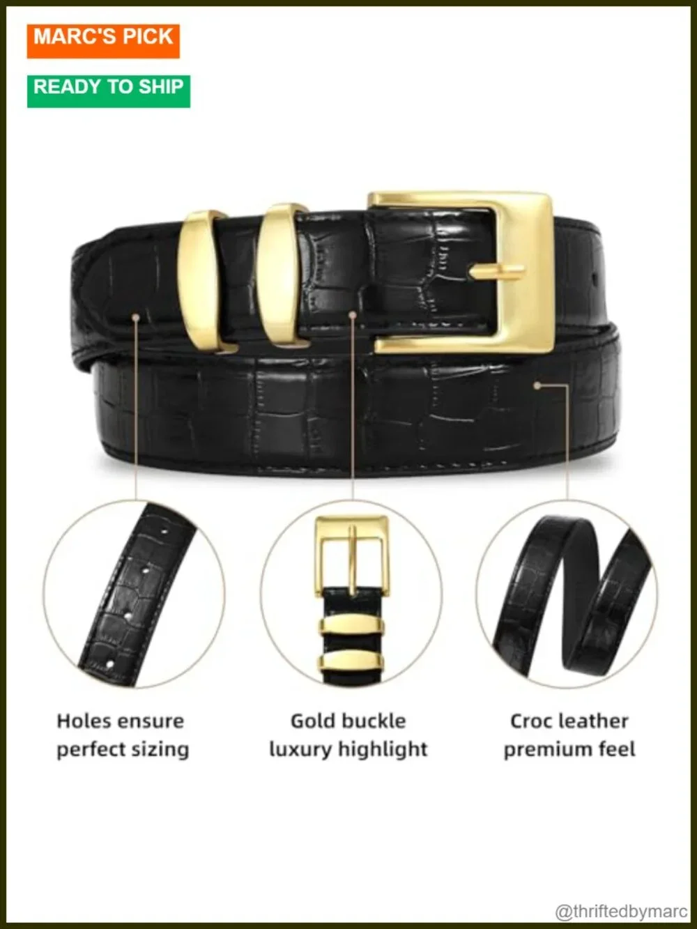Synthetic Leather Crocodile Texture Belt with Gold Square Buckle